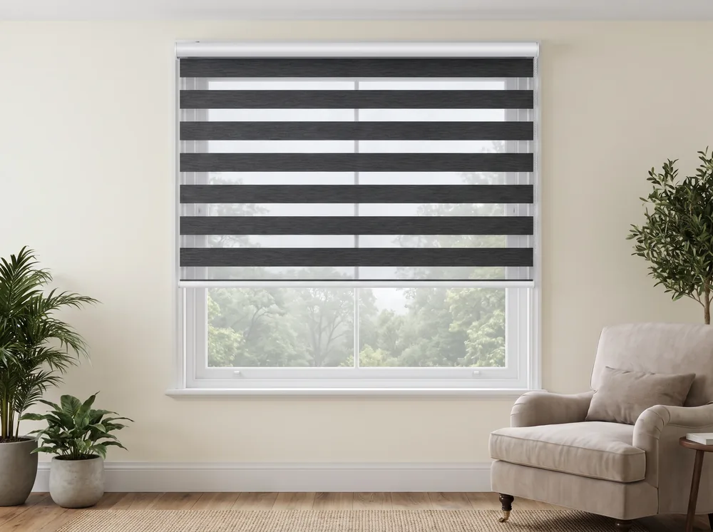 Day-night double roller blind with alternating sheer and solid bands lowered in a Newlands living room