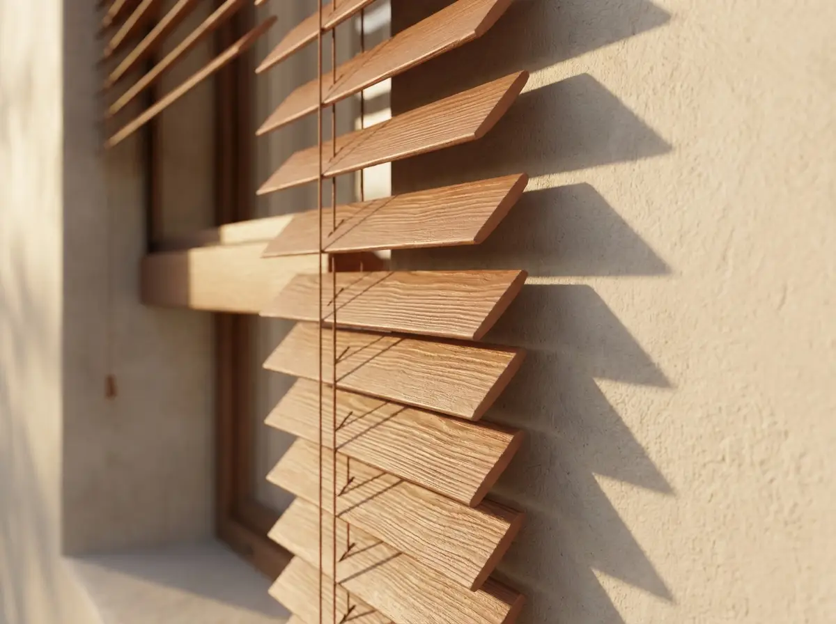 Close-up of timber venetian slats and hardware detail on a Newlands home