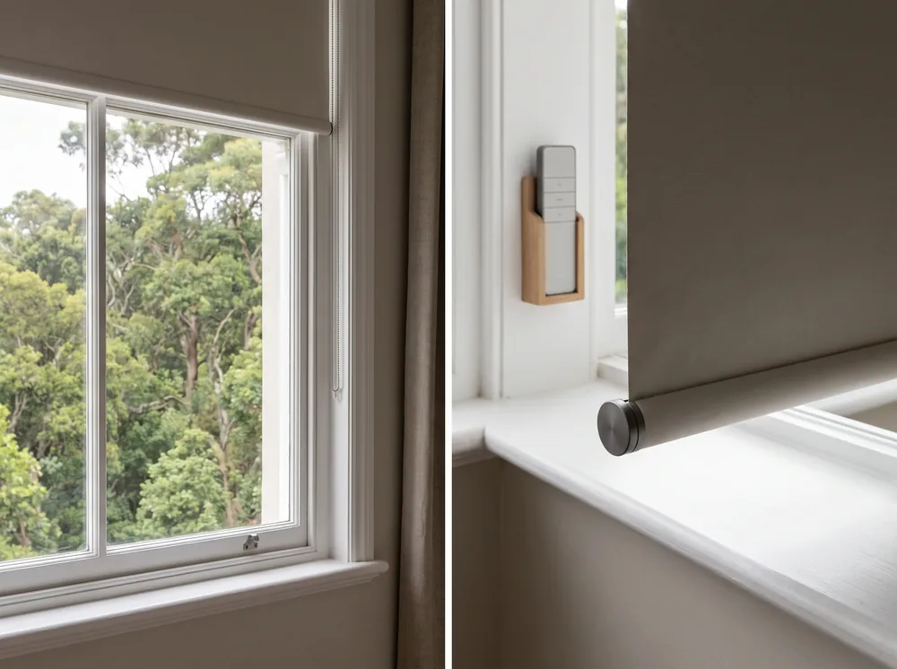 Motorised roller blind hardware detail with a wall-mounted remote control beside a Newlands sash window