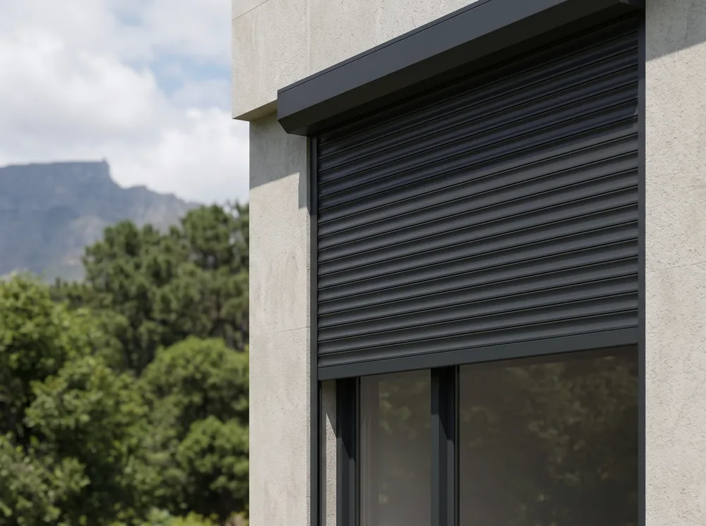Aluminium roller shutter lowered over a window on a Newlands home, Table Mountain in the background
