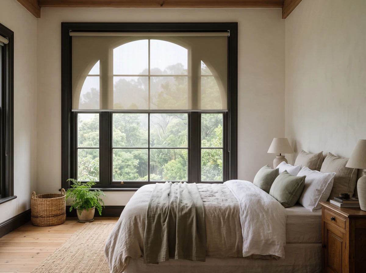 Bedroom in a Newlands home with a flat sunscreen roller blind lowered over an arched window, misty forest canopy visible beyond