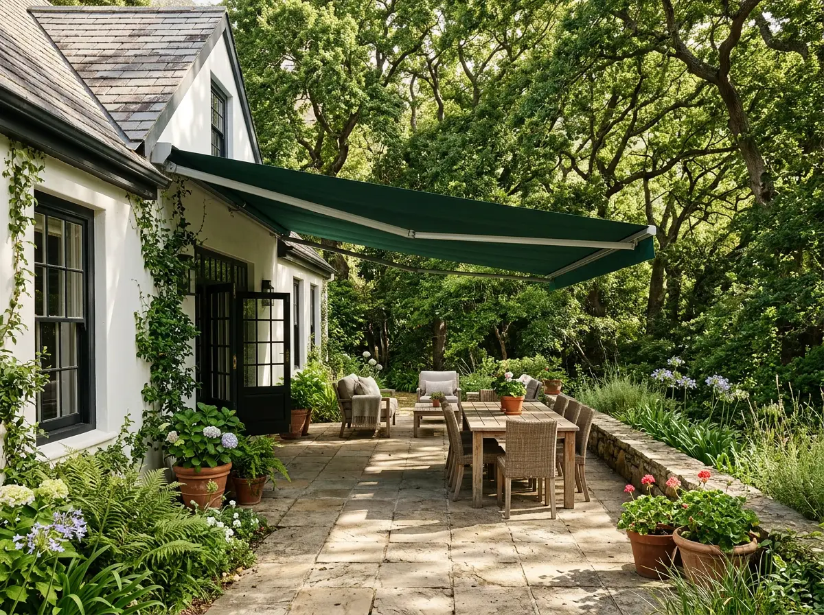 Garden patio at a Newlands home with a folding-arm awning extended over a dining table, oak canopy overhead