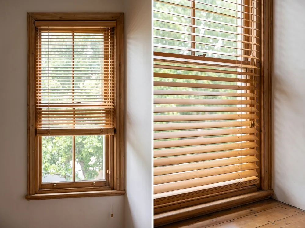 Warm timber venetian blind slats tilted over a sash window in a Newlands study