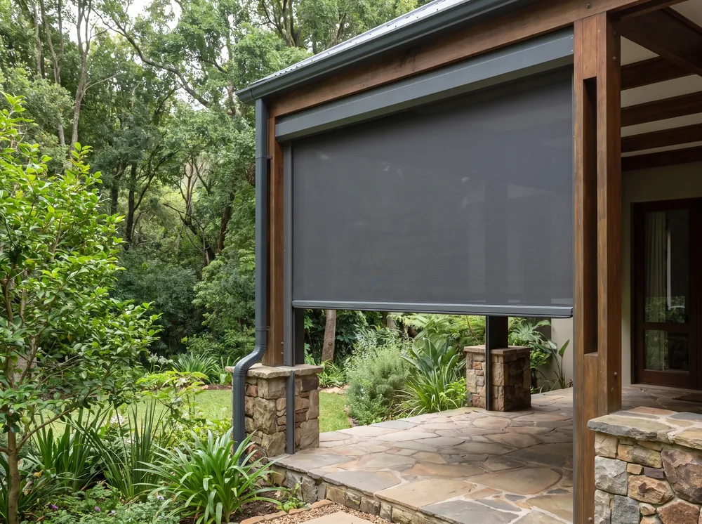 Outdoor zip-track mesh screen lowered to enclose a timber verandah in a Newlands garden